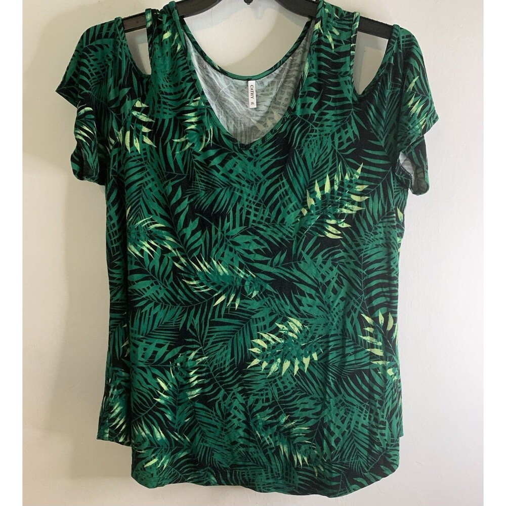 Cathy Palm Tropical Palm V Neck Womens 2XL Flowy Stretch Sleeve Cut Outs Top